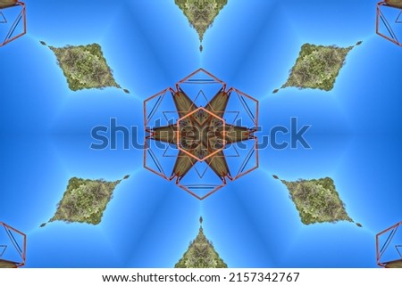 Photo of an abandoned water tower manipulated with fractal mirroring to create a strange multi-dimensional abstract pattern. Royalty-Free Stock Photo #2157342767