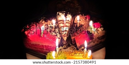 Candles lit on birthday cake.