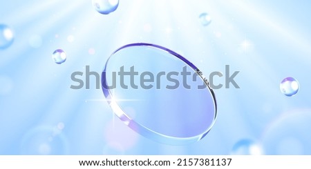 3D Glass podium and balls falling into the water and sunlight shining in on blue background