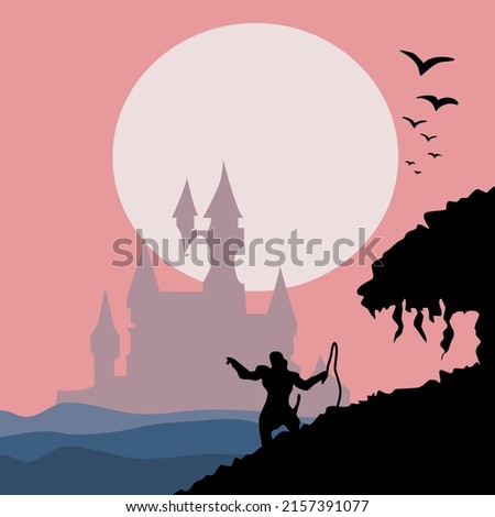 knight facing castle under full moon