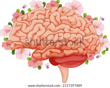 Human brain with pink flowers illustration