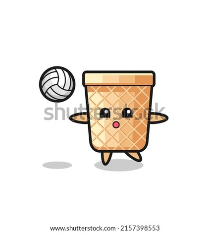 Character cartoon of waffle cone is playing volleyball , cute design