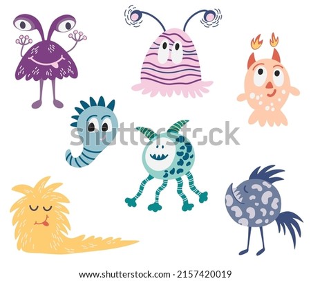 Monsters set. Aliens. Cute space monsters for kids and toys. Funny bright character in a hand-drawn cartoon doodle style. Ideal for packaging games, puzzles, mazes. Vector cartoon illustrations
