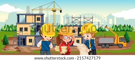 Cartoon scene of building construction site illustration