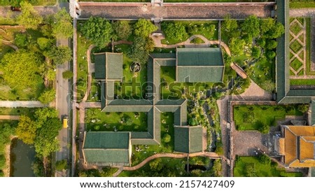 Aerial view of the Hue Citadel in Vietnam. Imperial Palace moat, Emperor palace complex, Hue Province, Vietnam