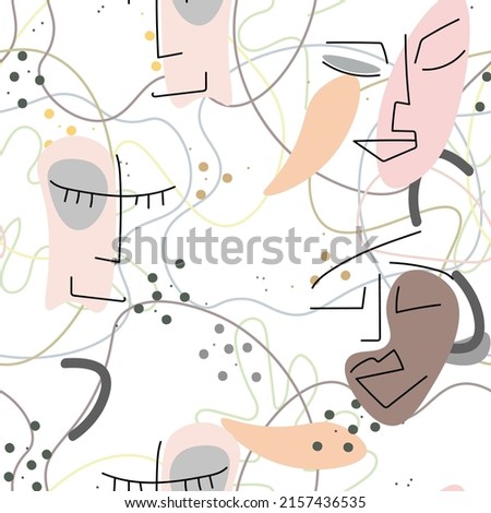 Woman Face line. Abstract drawing seamless pattern. Vector Modern minimal art. Graphics contour background. Continuous one line drawing. Linear design woman and man faces. Beauty modern print.