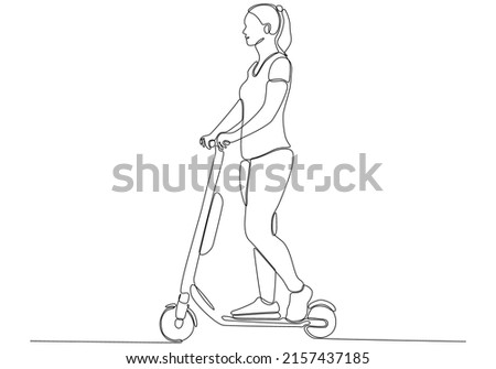 
Continuous line drawing. Beautiful girl on a scooter. Vector illustration