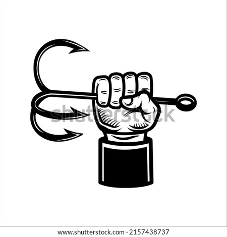 Hand holding fish hook. Design element for poster, card, banner,emblem, sign. Vector illustration