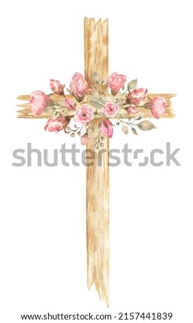 Cross Clipart, Watercolor Christian wooden cross With pink florals bouquet, Baptism Cross clip art set, Wedding invites, Holy Spirit, Religious illustration 