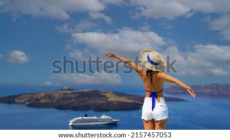 Banner travel in Summer blue trend with young woman in hat at  happy freedom lifestyle in Aegean sea mediterranean at Santorini,Greece