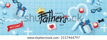 Happy Father's Day greeting card with Father's Day calligraphy and gift item for dad Royalty-Free Stock Photo #2157464797