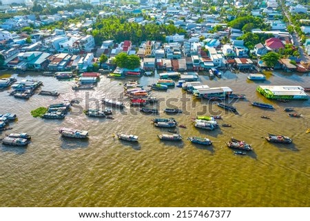 Cai Rang floating market, Can Tho, Vietnam, aerial view. Cai Rang is famous market in mekong delta, Vietnam. Royalty-Free Stock Photo #2157467377