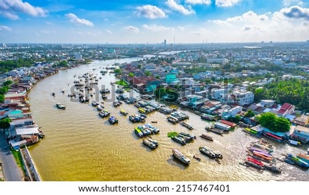 Cai Rang floating market, Can Tho, Vietnam, aerial view. Cai Rang is famous market in mekong delta, Vietnam.
