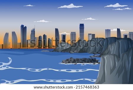 Beach city at dawn background illustration