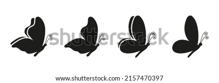 Butterfly silhouettes set. Various butterflies shapes collection. Side view. Vector illustration isolated on white.