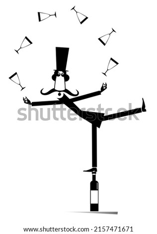 Cartoon man in the top hat juggling the wine glasses.
Funny long mustache man in the top hat balancing on bottle and juggling the wine glasses isolated on white background
