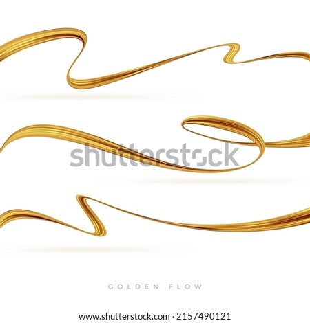 Set of golden flow wave. Golden paint brush stroke. Luxury flow design element. Abstract gold ribbon. Vector illustration. Royalty-Free Stock Photo #2157490121