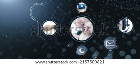 Contact us banner, call center service concept talking on microphone headset offering answering advice to customer help and support services, using smart devices with digital background digital icon.