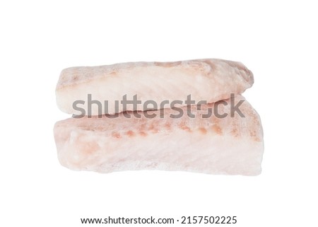 Frozen cod fish fillet on white background. Raw steaks.