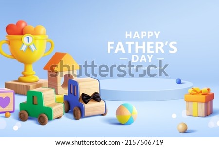 3d cartoon Father's Day graphic background. Composition of yellow trophy, wooden blocks and car toys. Best daddy concept. Royalty-Free Stock Photo #2157506719