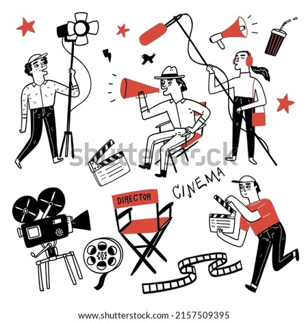 Movie and cinema items collection. Set of cartoon icons and symbols on cinema production theme. Hand drawn vector illustration doodle style. Royalty-Free Stock Photo #2157509395