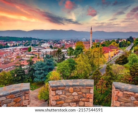Sunrise in Skopje town. Wonderful outdoor scene of North Macedonia, Europe. Traveling concept background.