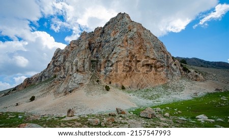 Fascinating beauty of Qarokul valley and Mura gorge. Fann Mountains, Tajikistan. 
