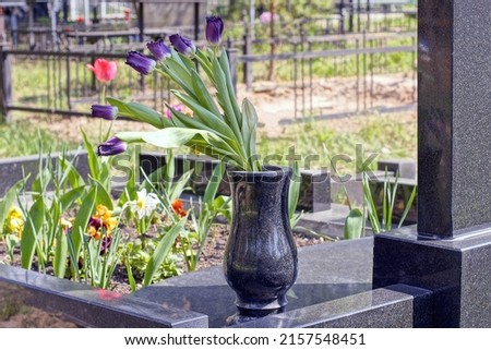 black marble vase with blue tulips flowers at a gray granite monument on a grave in a cemetery Royalty-Free Stock Photo #2157548451
