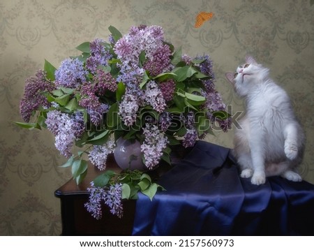 Pretty kitty with splendid bouquet of lilac