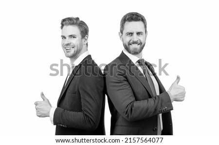 successful happy entrepreneur men in suit show thumb up isolated on white, business success