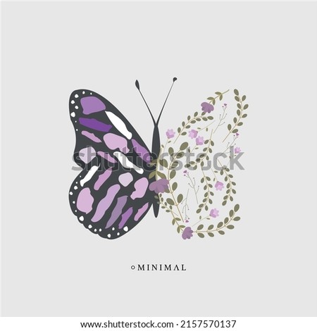 Vector illustration. Made in a flat style. Butterfly in half with colorful flowers. 