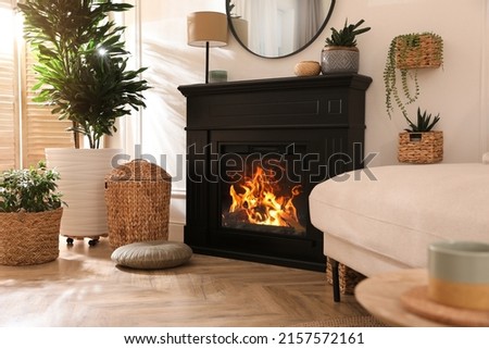 Stylish room interior with electric fireplace and beautiful decor elements Royalty-Free Stock Photo #2157572161