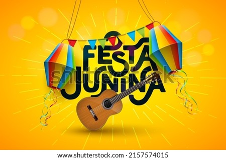 Festa Junina Illustration with Acoustic Guitar, Party Flags and Paper Lantern on Yellow Background. Vector Brazil June Sao Joao Festival Design for Greeting Card, Invitation or Holiday Poster. Royalty-Free Stock Photo #2157574015