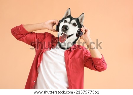 Funny Husky dog with human body listening to music on color background