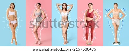 Set of beautiful young women after weight loss on colorful background Royalty-Free Stock Photo #2157580475