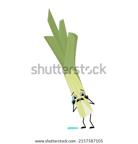 Cute green leek character with crying and tears emotion, sad face, depressive eyes, arms and legs. Healthy vegetable with melancholy expression and posture, rich in vitamins. Vector flat illustration Royalty-Free Stock Photo #2157587105