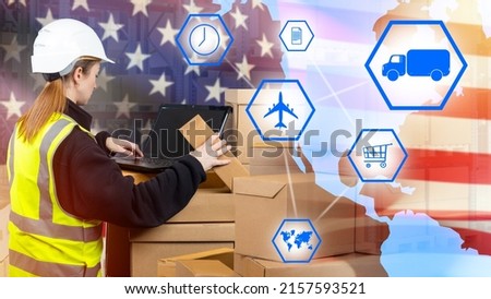 Export of goods to USA. Customs officer laptops. Woman in yellow vest in front of US flag. Import of goods from America. Control of settlement on US border. Logistics symbols in front of woman Royalty-Free Stock Photo #2157593521