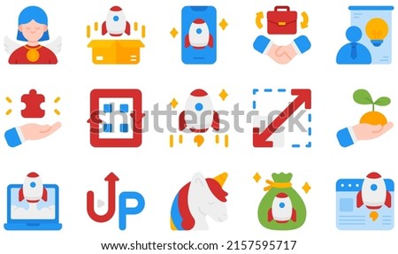 Set of Vector Icons Related to Startups. Contains such Icons as Investor, Launch, Partnership, Pitching, Rocket, Startup and more.