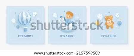 Set of baby shower invitation with cartoon boy, horse, hot air balloon, bear, helium balloons on blue background. It's a boy. Vector illustration Royalty-Free Stock Photo #2157599509