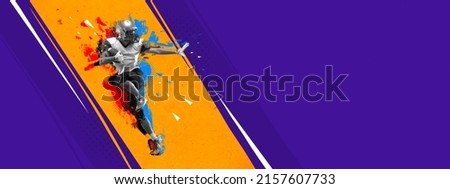 Flyer with american football player in motion and action with ball isolated on bright yellow and purple color background. Concept of art, creativity, sport, energy and power