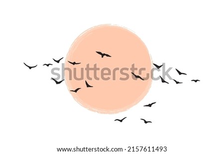 Birds group flying against the sun or moon. Bird flock silhouette at dawn or sunset isolated on white background. Vector minimalistic illustration. Royalty-Free Stock Photo #2157611493