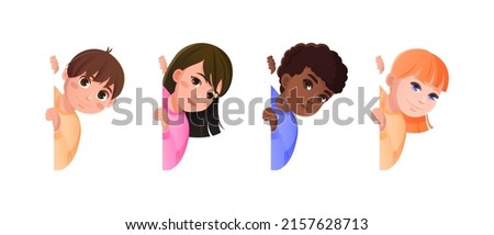 Little boys and girls peeping from behind wall. Vector illustration  isolated on white. Adorable persons peeking. Royalty-Free Stock Photo #2157628713