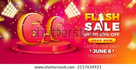 Shopping Day Flash Sale Design with 3d 6.6 Number on Podium and Falling Confetti on Red Background. Vector 6 June Special Offer Illustration for Coupon, Voucher, Banner, Flyer, Promotional Poster
