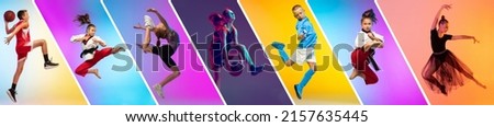 Poster. Soccer football, basketball, taekwondo, boxing, gymnastics and tennis. Collage of different little sportsmen in action and motion isolated on multicolored background in neon. Flyer. Sport for Royalty-Free Stock Photo #2157635445