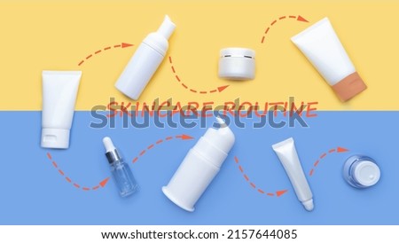 Day and night skincare routine steps for healty skin. Skin care products of cleanser, toner, moisturizer cream, sunscreen, serum, eye cream, spot treatment and lip balm on yellow blue background. Royalty-Free Stock Photo #2157644085