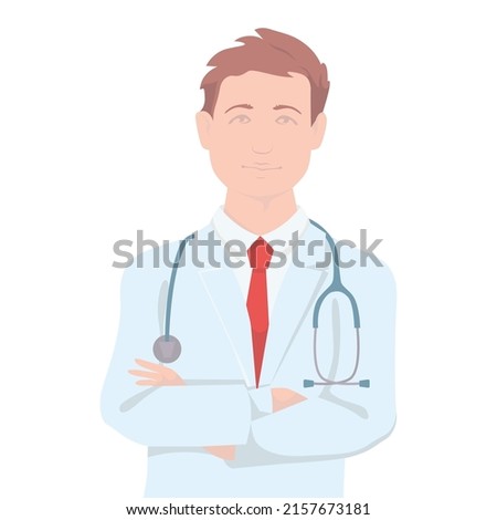 Male doctor with crossed arms and red tie. Vector flat illustration