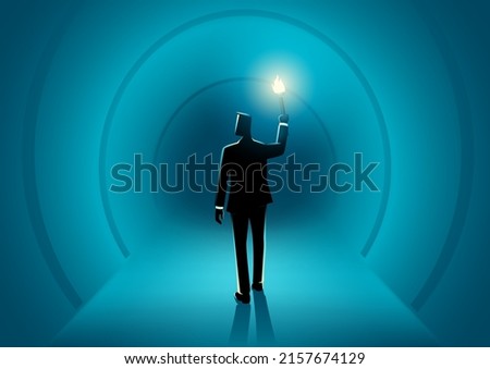 Business concept of businessman walking in the dark tunnel holding a torch, vector illustration