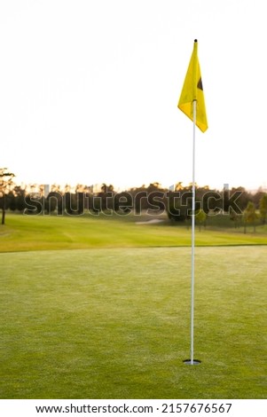 Yellow golf flag in hole amidst grassy landscape against trees and clear sky during sunset. copy space, unaltered, green, golf course, sport and nature concept.