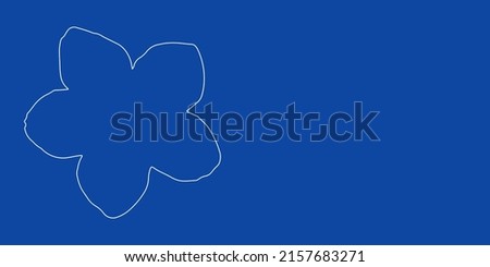 A large white outline forget-me-not flower on the left. Designed as thin white lines. Vector illustration on blue background