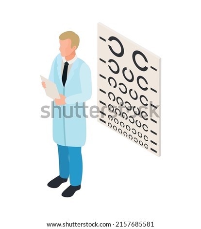 Ophthalmology isometric composition with isolated human character of medical specialist vector illustration